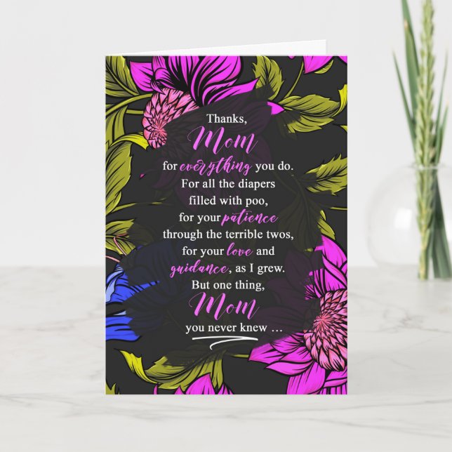 Mum Funny Mother's Day Sentiment Purple Flowers Holiday Card (Front)