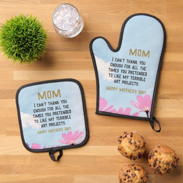 Mum Funny Quote Humour Flowers Floral Mother's Day Oven Mitt & Pot Holder Set (Top Down)