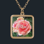 Mum Giant Pink Rose Close-up Photo Custom Name Gold Plated Necklace<br><div class="desc">“Mum.” A close-up photo of a softly-lit pink rose against dark green foliage makes you want to "stop and smell the flowers". Relax and inhale the beauty of this photograph whenever you wear this stunning, beautiful photography personalised name charm necklace. This necklace comes in small, medium and large sizes, as...</div>