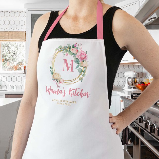 Mum Gift Pink Blush Roses Flowers Gold Monogram Apron (mom apron pink blush roses floral personalized christmas gift monogram gold geometric pretty cute )