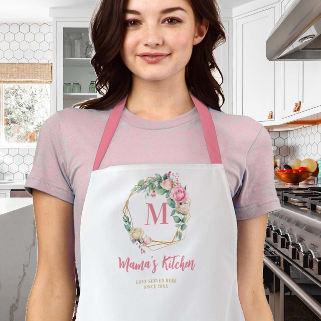 Mum Gift Pink Blush Roses Flowers Wreath Monogram Apron (mom apron roses wreath monogram personalized christmas gift gold pink blush geometric pretty cute)