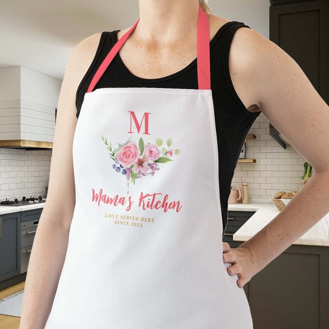 Mum Gift Pink Blush Whimsical Flowers Monogram Apron (mom apron personalized monogram christmas gift whimsical flowers pink blush green cute pretty design)