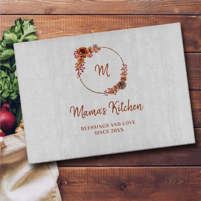Mum Gift Thanksgiving Harvest Gold Wreath Monogram Cutting Board (thanksgiving decor mom gift personalized glass cutting board mum gold wreath blessings love harvest)