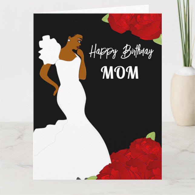 Mum Glam Red Roses African American Birthday Card (Front)