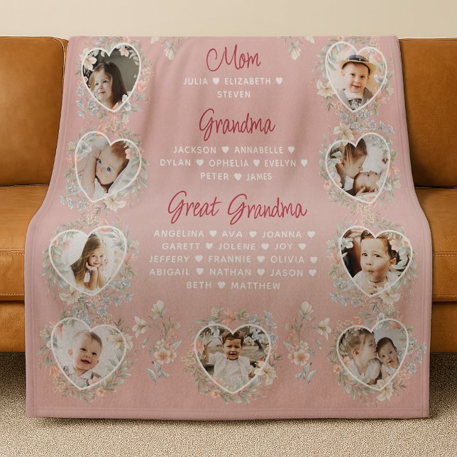 Mum Grandma & Great Grandma With Names Floral Fleece Blanket (Creator Uploaded)