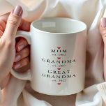 Mum | Grandma | Great Grandma Year Est.  Coffee Mug<br><div class="desc">Simply perfect minimalist design featuring  year est. as a Mum and year est. as a Grandma & Great Grandma with a red heart.   A Wonder gift sure to be treasured for many years to come.</div>