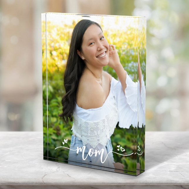 Mum Handwritten Calligraphy Hearts Custom Keepsake Photo Block (Creator Uploaded)