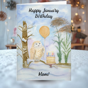 Mum Happy January Birthday Owl Cake Card