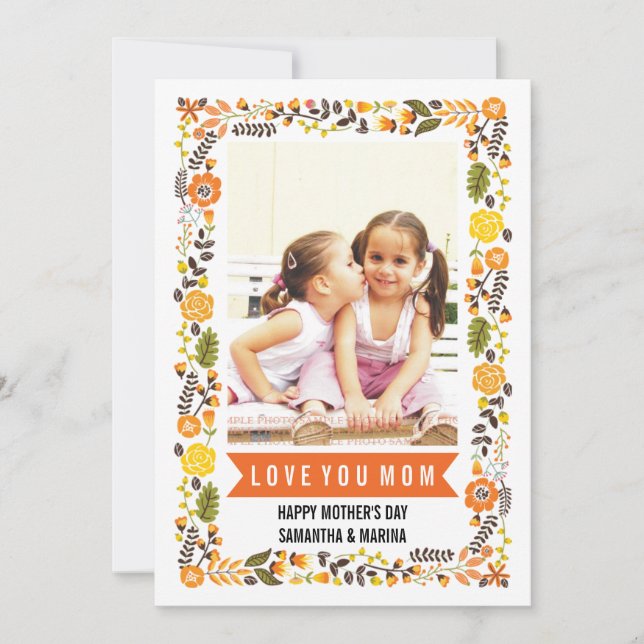 Mum, Happy Mothers Day orange, yellow floral photo Card (Front)