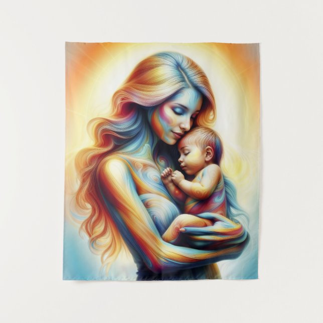 Mum holding baby luminous tender embrace art tapestry (Front)