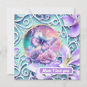Mum I Love You Fantasy Purple Butterfly Universe   Holiday Card