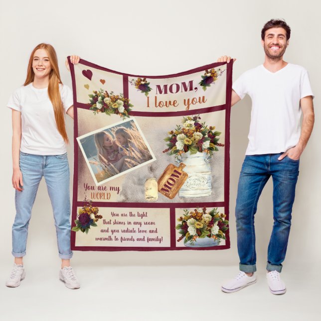 Mum I Love You Photo Fall Floral | Script Text Fleece Blanket (In Situ)