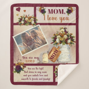 Mum I Love You Photo Fall Floral   Script Text Sherpa Blanket