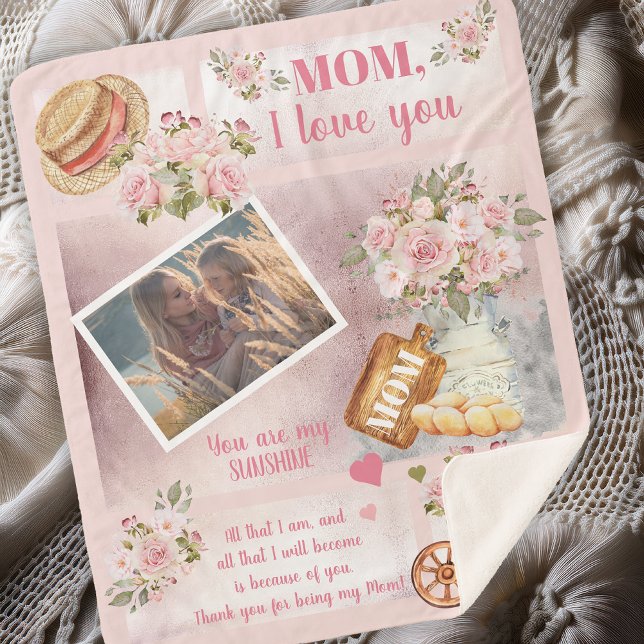 Mum I Love You Photo Pink Floral | Script Text Sherpa Blanket (Soft and Beautiful "Mom, I Love You" Photo Pink Floral Script Text Sherpa Blanket)
