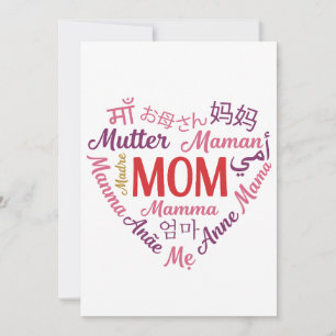 Mum in Multiple Language Heart Shaped Mother's day Holiday Card