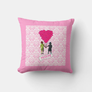 Mum, kids with heart shaped balloons cushion