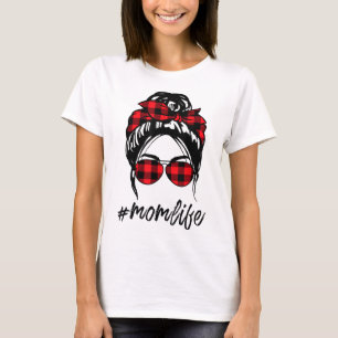 Mum Life Messy Bun Hair Leopard Plaid Momlife Moth T-Shirt