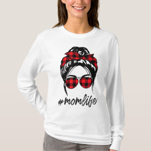 Mum Life Messy Bun Hair Leopard Plaid Momlife Moth T-Shirt
