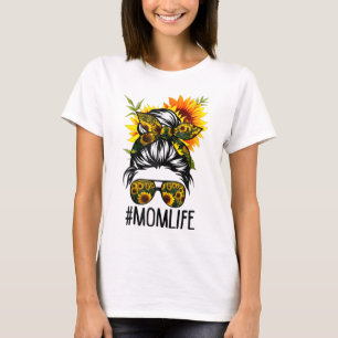 Mum Life Messy Hair Bun Sunflower Women Mother's D T-Shirt