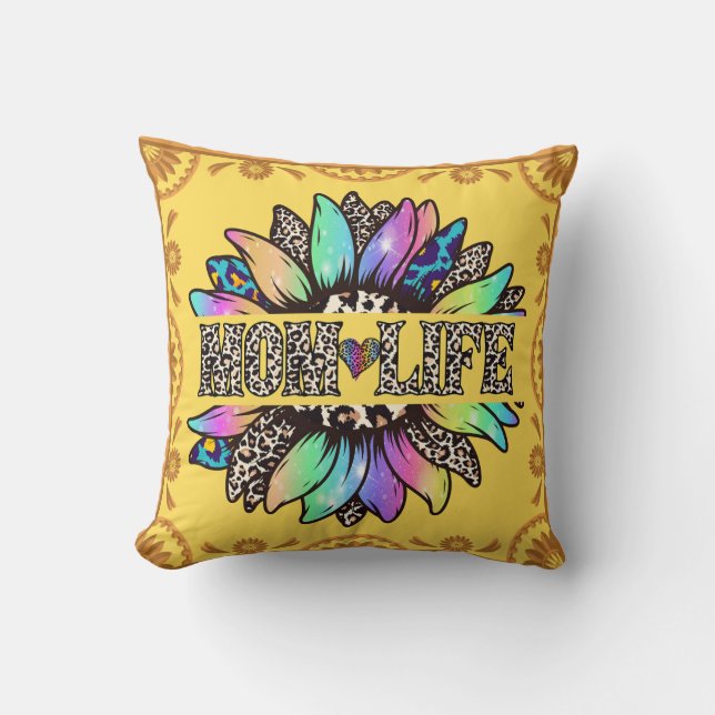 Mum Life Multi-Coloured Flower Yellow Throw Pillow (Front)