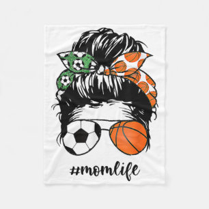 Mum Life Soccer And Sketll Messy Bun Mother Day Fleece Blanket
