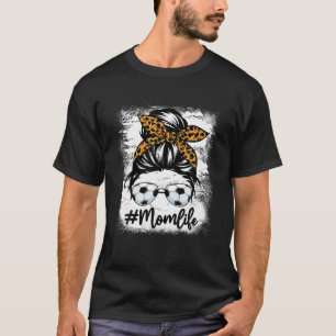 Mum Life Soccer Women Leopard Messy Bun Mother's D T-Shirt
