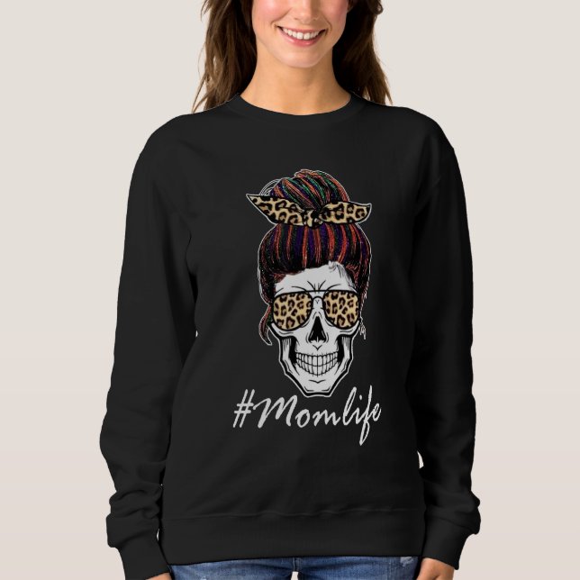 Mum Life  Womens Skull Leopard Messy Bun Sweatshirt (Front)
