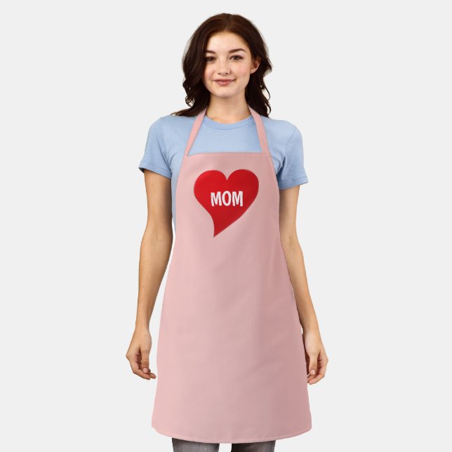 Mum light pink & red big heart cute modern kitchen apron (Worn)