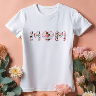 Mum Love Pink & Floral Pattern Custom Heart Photo T-Shirt