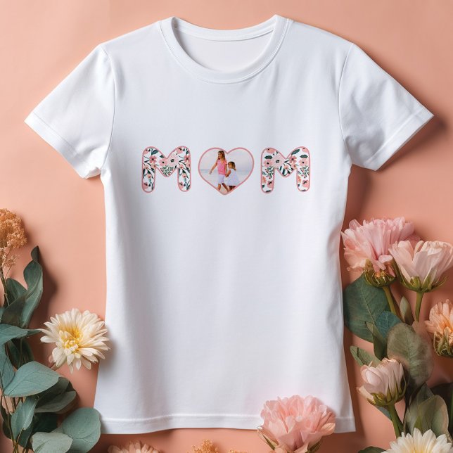 Mum Love Pink & Floral Pattern Custom Heart Photo T-Shirt (Mom Love Pink & Floral Pattern Custom Heart Photo T-Shirt)
