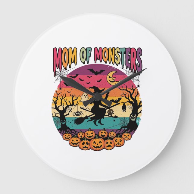 Mum Monsters Halloween Witch Pumpkins Bats_1 Large Clock (Front)