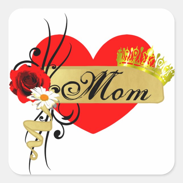 Mum Mothers Day Big Red Heart Rose Scroll Square Sticker (Front)