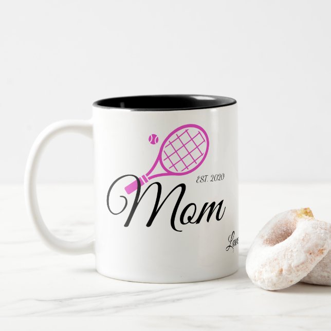 Mum | Mothers Day Pink Black Tennis Racket Ball Two-Tone Coffee Mug (With Donut)