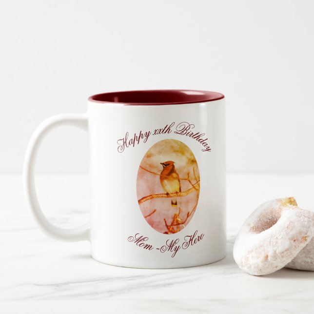 Mum My Hero Happy Birthday Waxwing Personalised  Two-Tone Coffee Mug (With Donut)