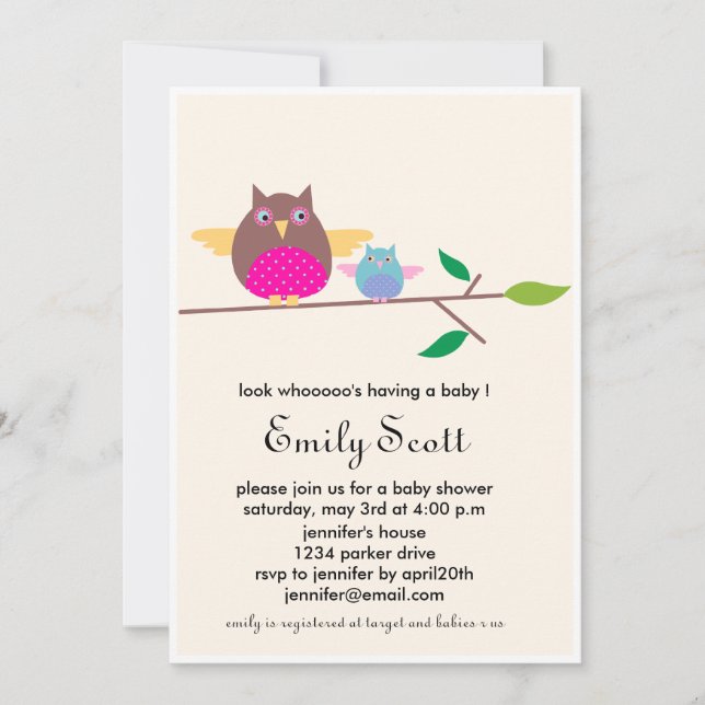 Mum n Baby owl -  Cream baby shower invites (Front)