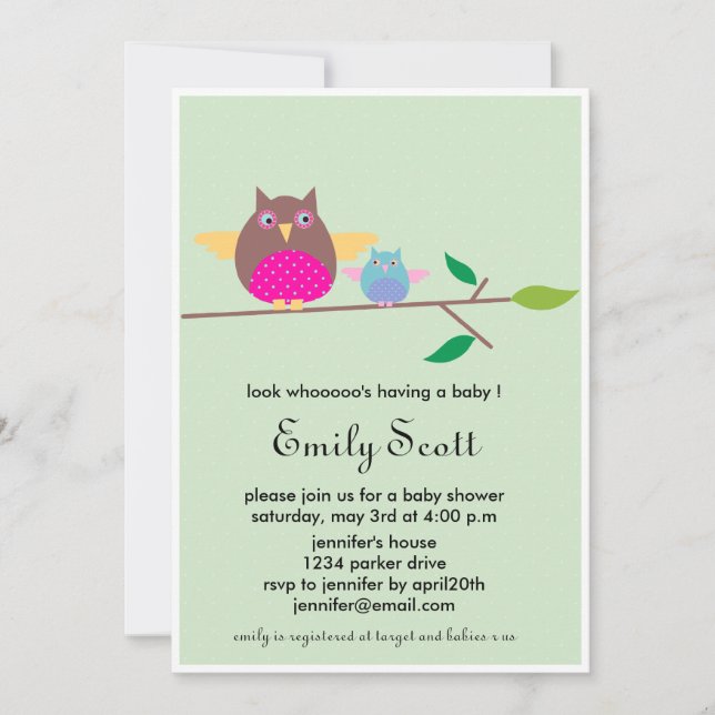 Mum n Baby owl - Green baby shower invites (Front)