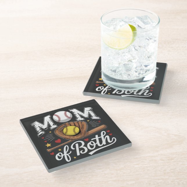 Mum of Both Game Day Baseball Softball  Glass Coaster (Angled)