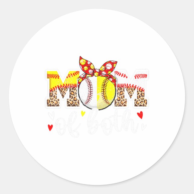 Mum Of Both Messy Bun Baseball Softball Leopard Mo Classic Round Sticker (Front)