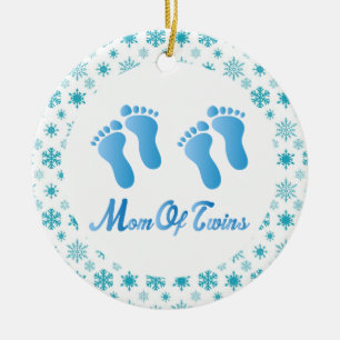 Mum Of Twins Blue Footprints Keepsake Gift Ceramic Tree Decoration