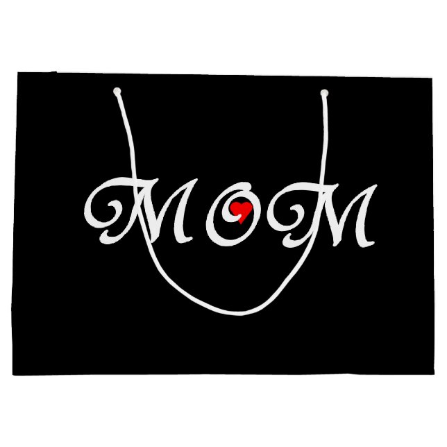 Mum on Black Background with Red Heart gift bag. Large Gift Bag (Back)