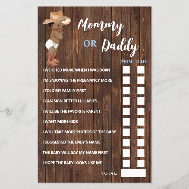 Mum or Dad Said AA Cowboy Baby Shower Game Card (Front)