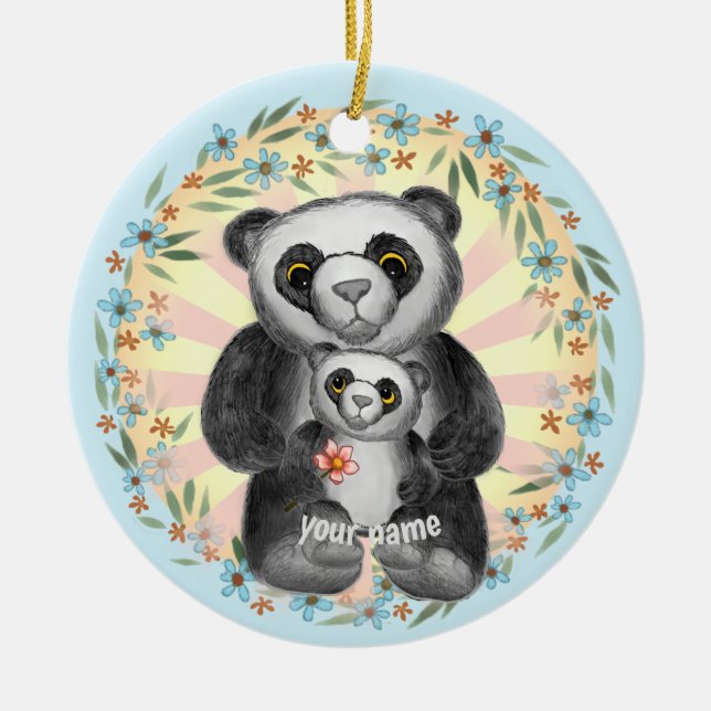 Mum Panda Bear custom name Ceramic Ornament (Front)