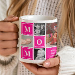 Mum Photo Collage Hot Pink Mothers Day Coffee Mug<br><div class="desc">Celebrate the world's best mum with this vibrant hot pink photo collage coffee mug. The modern design features a grid of four personalised photo slots, allowing you to showcase your favourite family memories, alongside bold white "MOM" lettering in matching pink squares. A side panel offers space for a custom message,...</div>