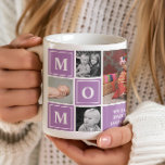 Mum Photo Collage Purple Mothers Day Coffee Mug<br><div class="desc">The 'Mum Photo Collage Purple Mothers Day Personalised Coffee Mug' is a charming way to celebrate and honour Mum. The mug proudly displays the word "MOM" with each letter on a vibrant purple square, framing spaces for personalised photo collages. Alongside the photos, there's a dedicated section to include a loving...</div>
