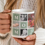 Mum Photo Collage Sage Green Mothers Day Coffee Mug<br><div class="desc">The 'Mum Photo Collage Sage Green Mothers Day Personalised Coffee Mug' is a charming way to celebrate and honour Mum. The mug proudly displays the word "MOM" with each letter on a vibrant sage green square, framing spaces for personalised photo collages. Alongside the photos, there's a dedicated section to include...</div>
