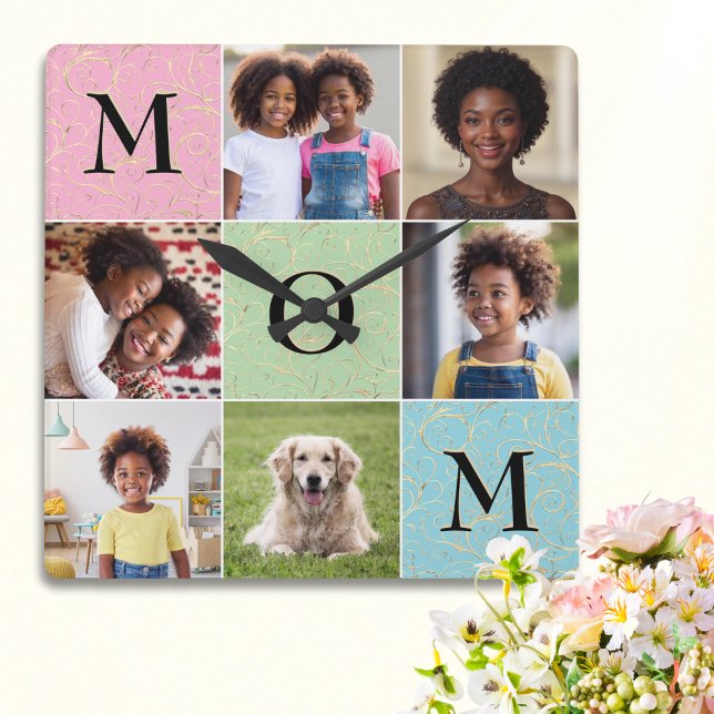 Mum Photo Collage Stylish Mother's Day Square Wall Clock (An elegant square wall clock for Mom, customizable with 6 favorite photos)