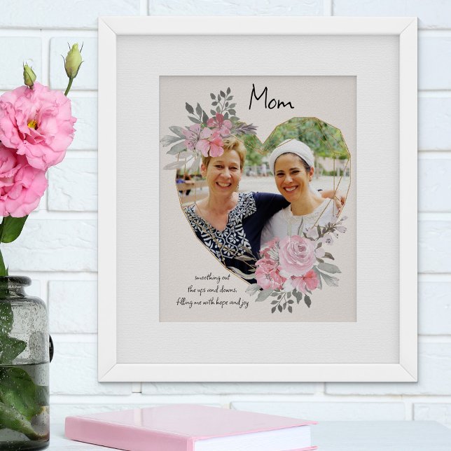 Mum Photo Gold Heart Shaped Pink Floral Frame Poster (Creator Uploaded)