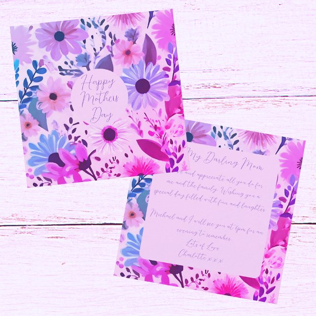 Mum Pink, Blue And Purple Flowers Mothers Day Card (Front And Back)