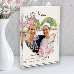 Mum Pink Floral Gold Geometric Heart Shaped Photo Block