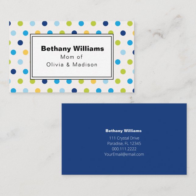 Mum Playdate Simple Blue Green Dots Calling Cards (Front/Back)